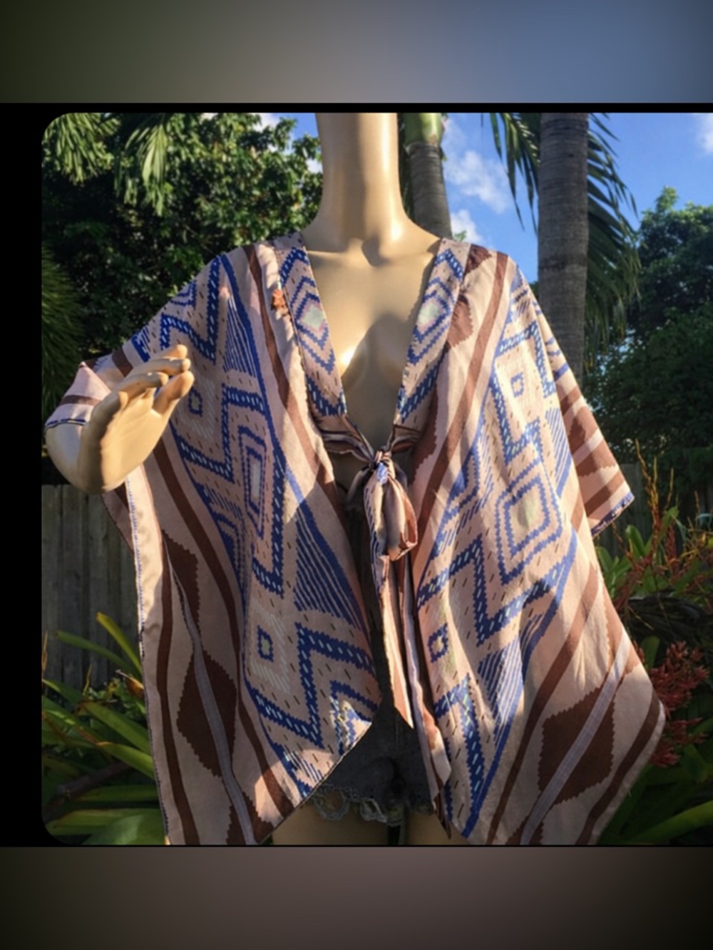 Boho Tie-Front Kimono Top in Blue and Brown